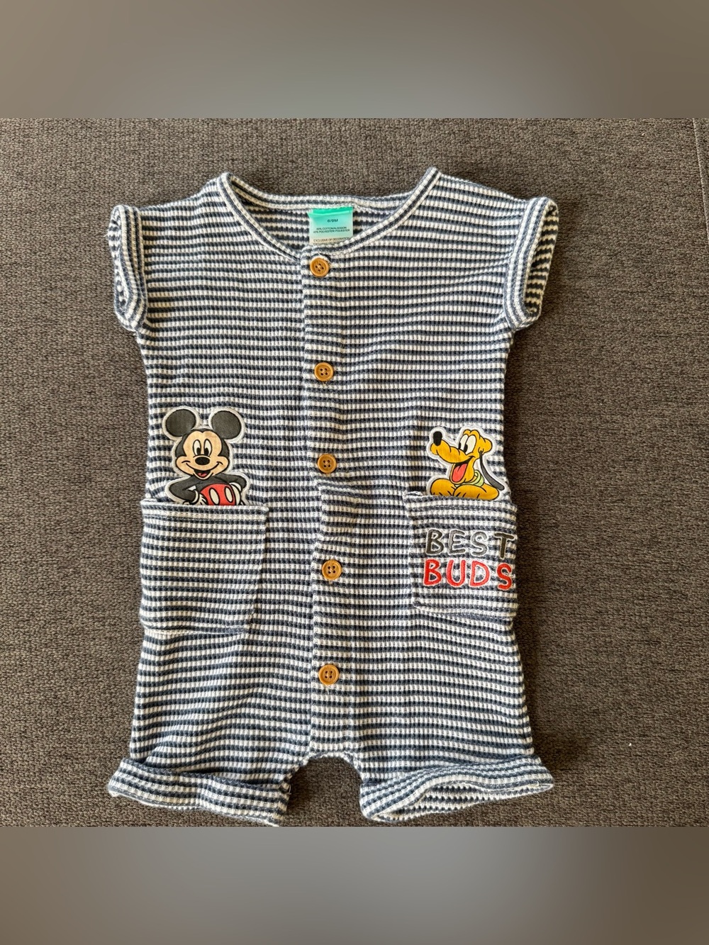 Disney Navy White striped one-piece romper Shortall Mickey Mouse Pluto Baby 6-9M